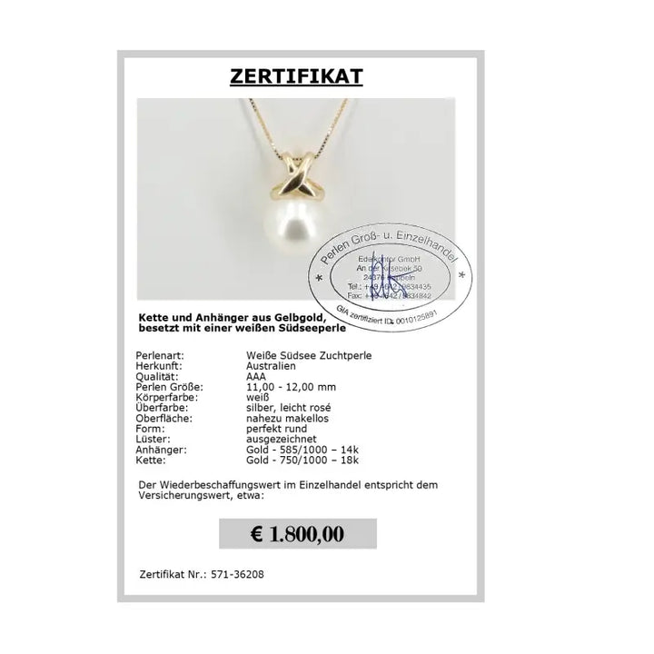 Gold Anhänger mit weißer Südseeperle 11.0 - 12.0 mm