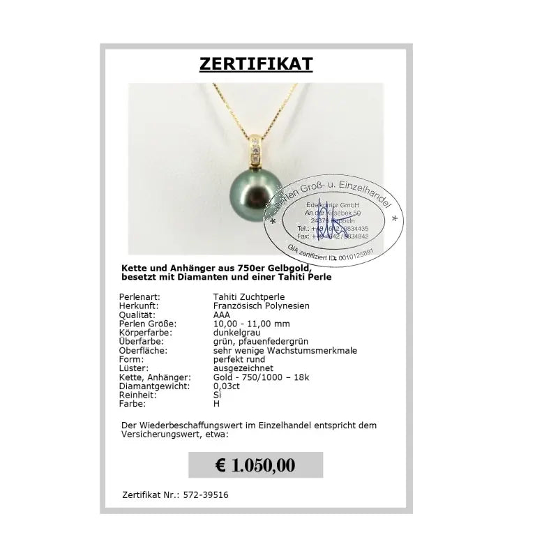 Tahiti Schmuck Perlen Anhänger Zertifikat