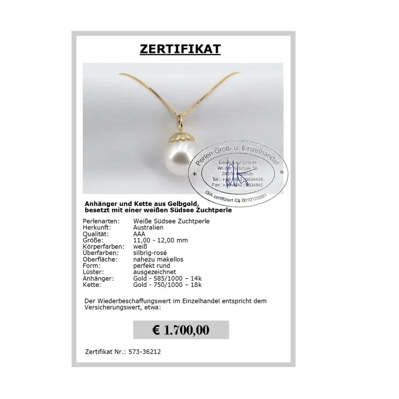 Perlenschmuck Anhänger kaufen Zertifikat