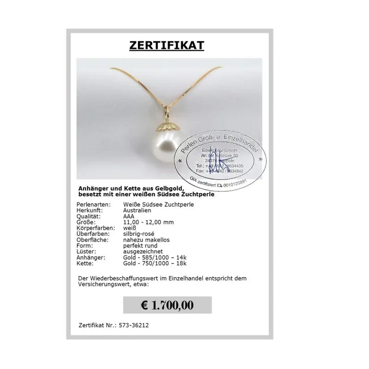 Perlenschmuck Anhänger kaufen Zertifikat