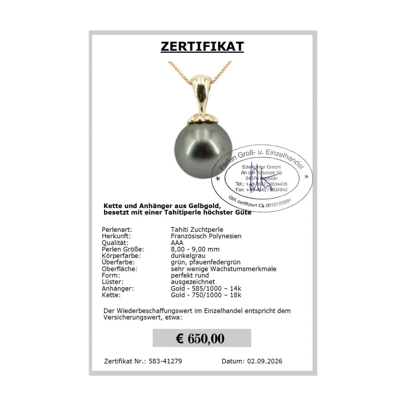 Goldanhänger mit Tahitiperle Zertifikat