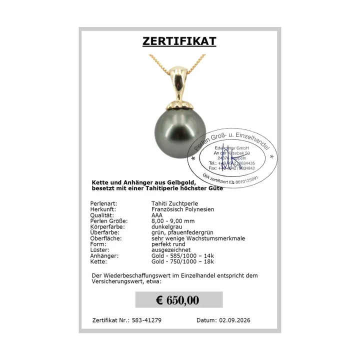 Goldanhänger mit Tahitiperle Zertifikat