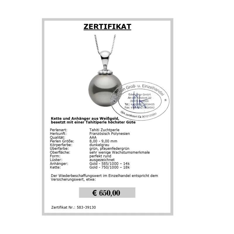 Goldanhänger mit Tahitiperle Zertifikat