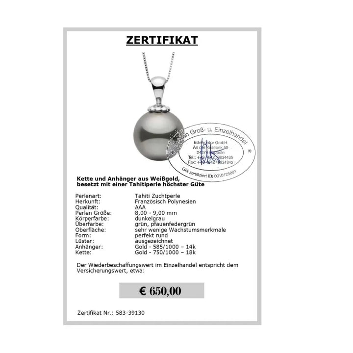 Goldanhänger mit Tahitiperle Zertifikat