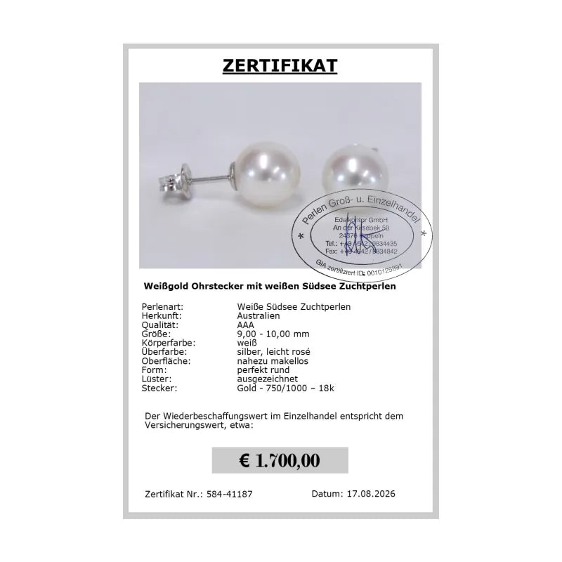 Südseeperlen Ohrstecker Zertifikat