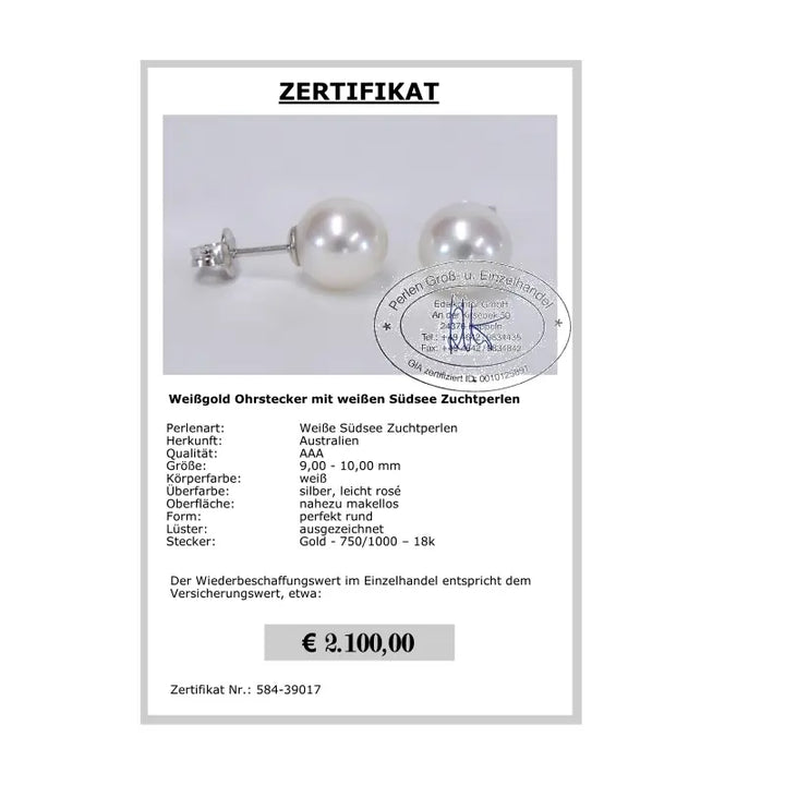 Südseeperlen Ohrstecker Zertifikat
