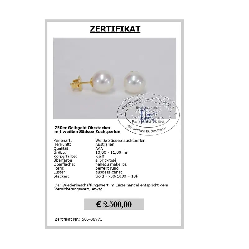 Weiße Südsee Perlenohrringe 10.0 - 11.0 mm Gold 750er