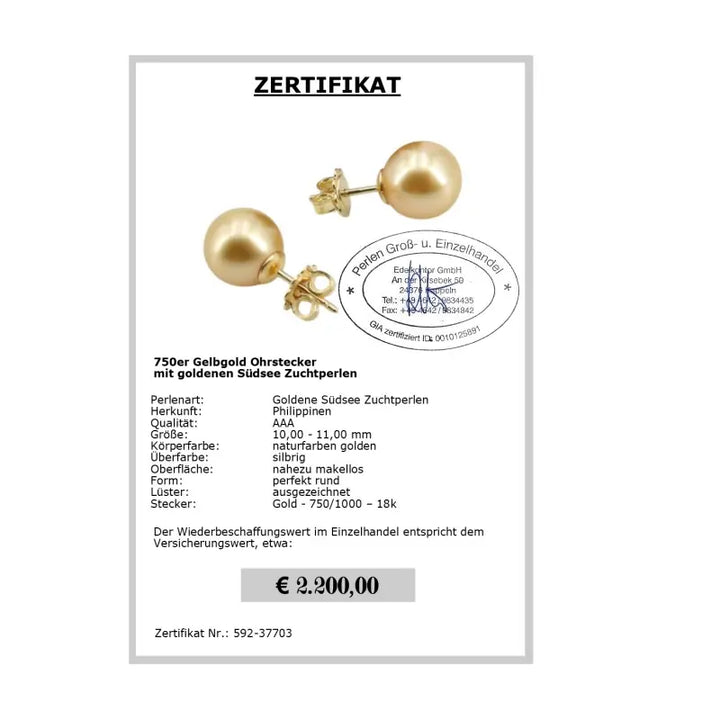 Goldene Südsee Perlenohrringe Zertifikat