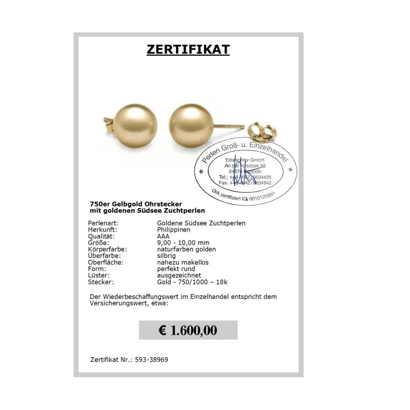 Ohrstecker mit Südseeperlen Zertifikat
