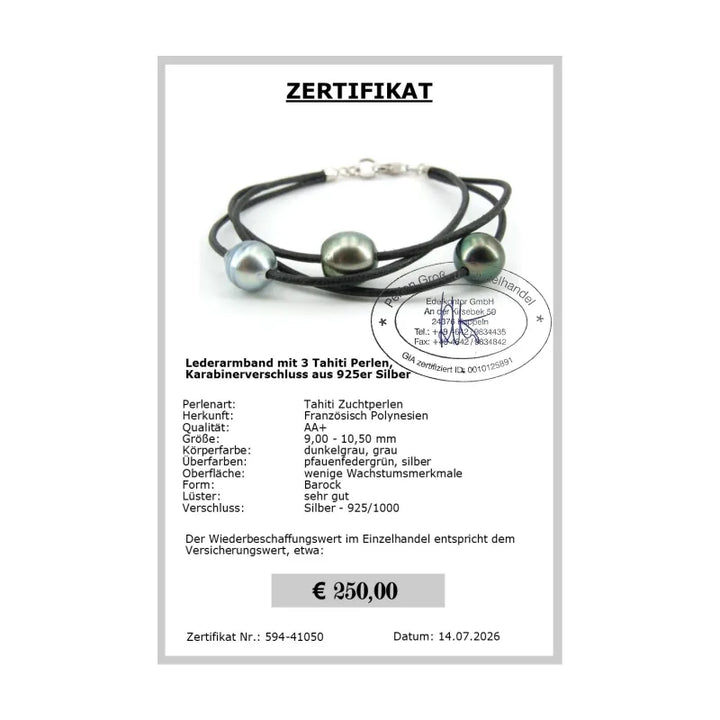 Lederarmband mit Tahitiperlen Zertifikat
