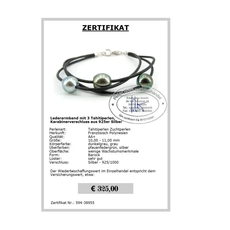 Lederarmband mit Tahitiperlen Zertifikat