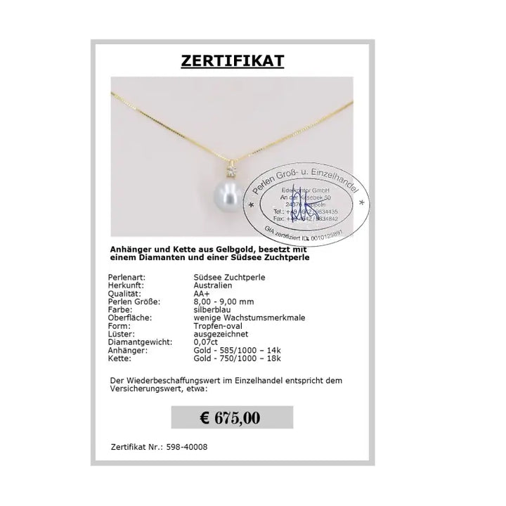 Gold Anhänger Südseeperle Zertifikat