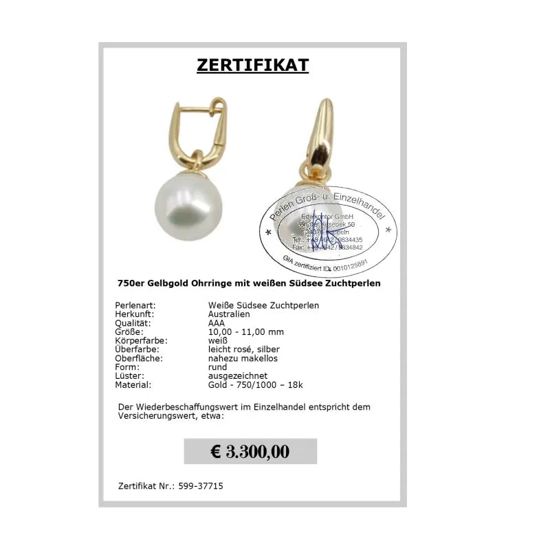 Südsee Zuchtperlen Ohrringe Zertifikat