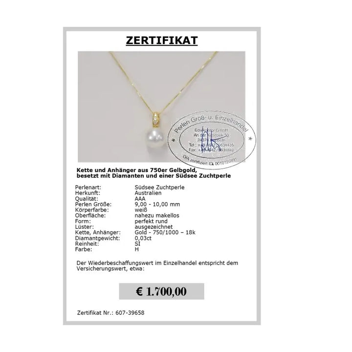 Südseeperlen Anhänger Zertifikat