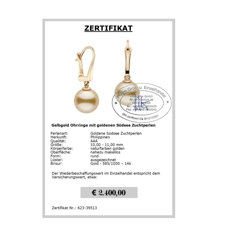 Perlenohrringe Gold Zertifikat