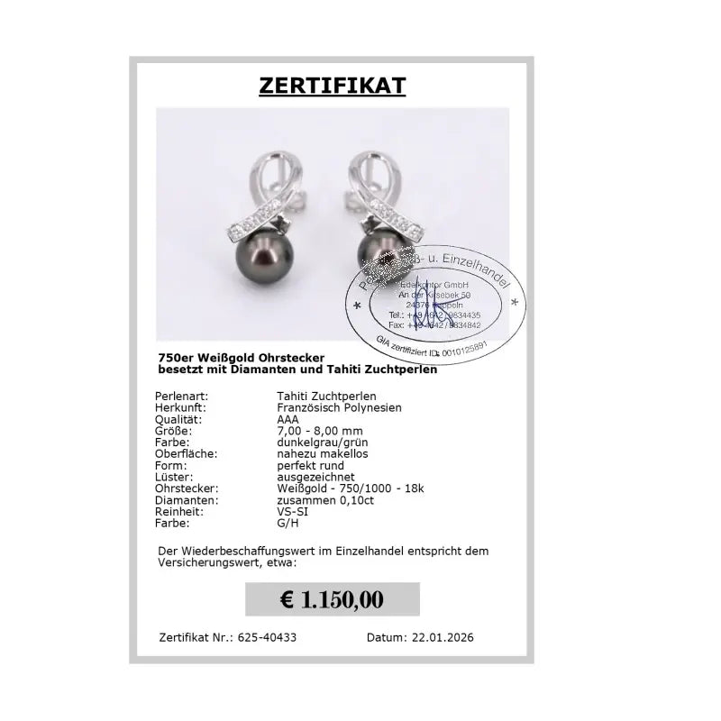 Perlen Ohrringe grau Zertifikat
