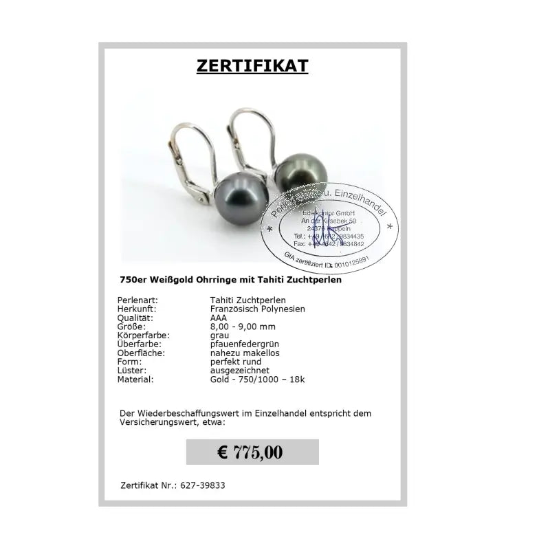 Graue Perlenohrringe Zertifikat