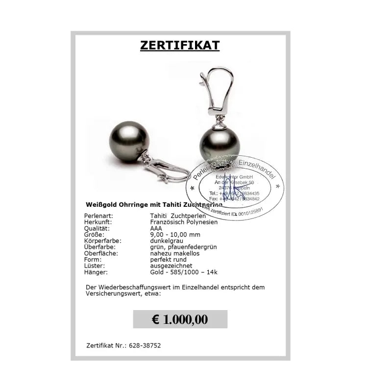 Tahiti Perlen Ohrhänger Zertifikat