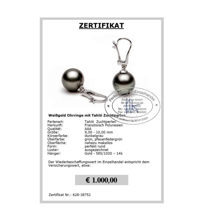 Tahiti Perlen Ohrhänger Zertifikat