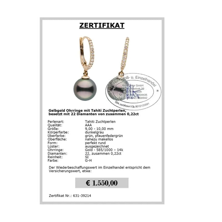 Tahiti Perlenohrringe mit Diamanten Zertifikat