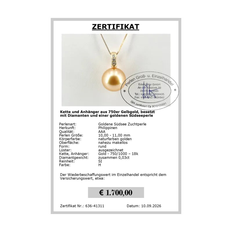 Anhänger Gold mit Perle Zertifikat