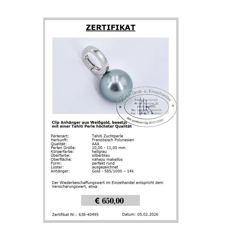echter Perlenschmuck Anhänger Zertifikat