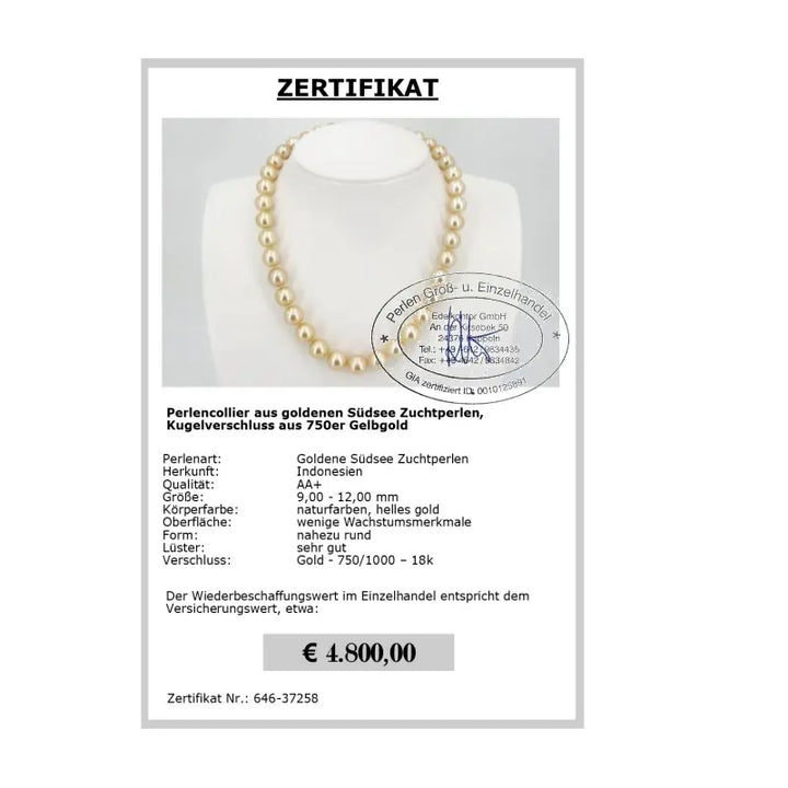 goldene Südseeperlenkette Zertifikat