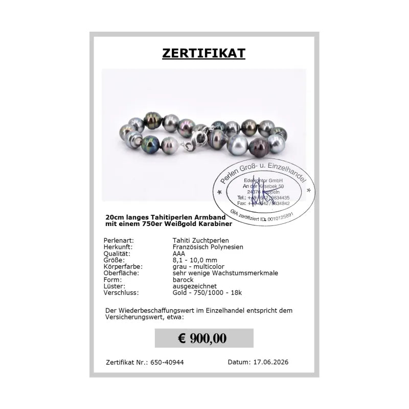 Perlenarmband aus Tahitiperlen Zertifikat
