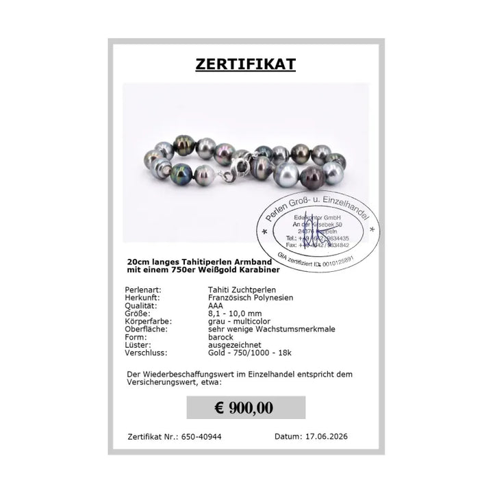 Perlenarmband aus Tahitiperlen Zertifikat