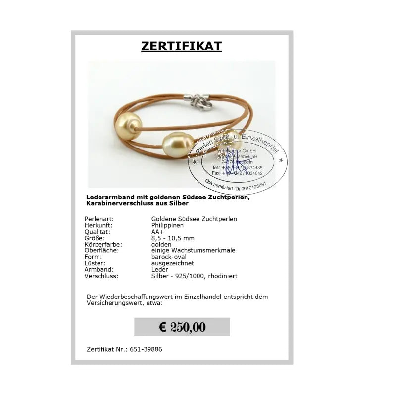 Perlenarmband aus Südseeperlen Zertifikat