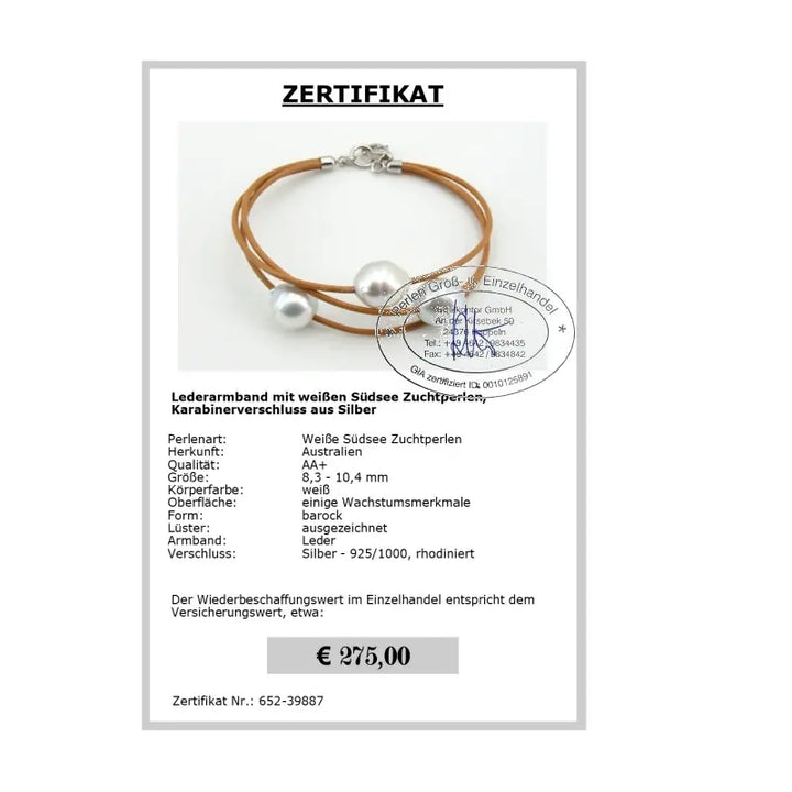 Südseeperlen Armband Zertifikat