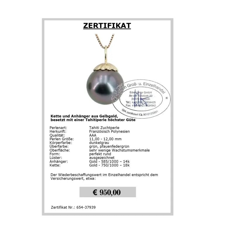 Dunkler Perlen Anhänger Zertifikat