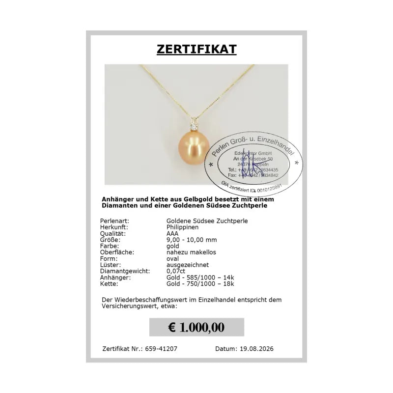 585er Gold Anhänger mit Perle - Zertifikat
