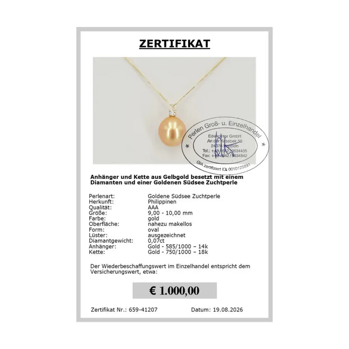 585er Gold Anhänger mit Perle - Zertifikat