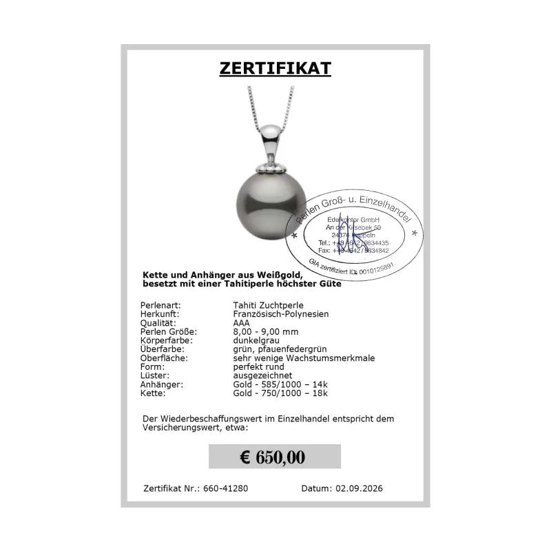 Tahiti Perlenanhänger - Zertifikat