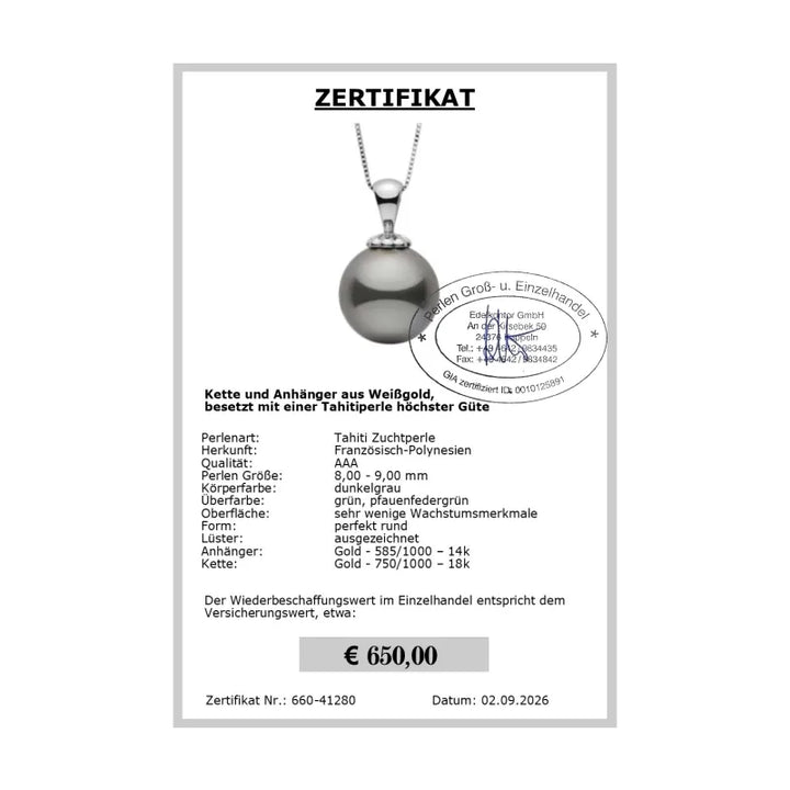 Tahiti Perlenanhänger - Zertifikat