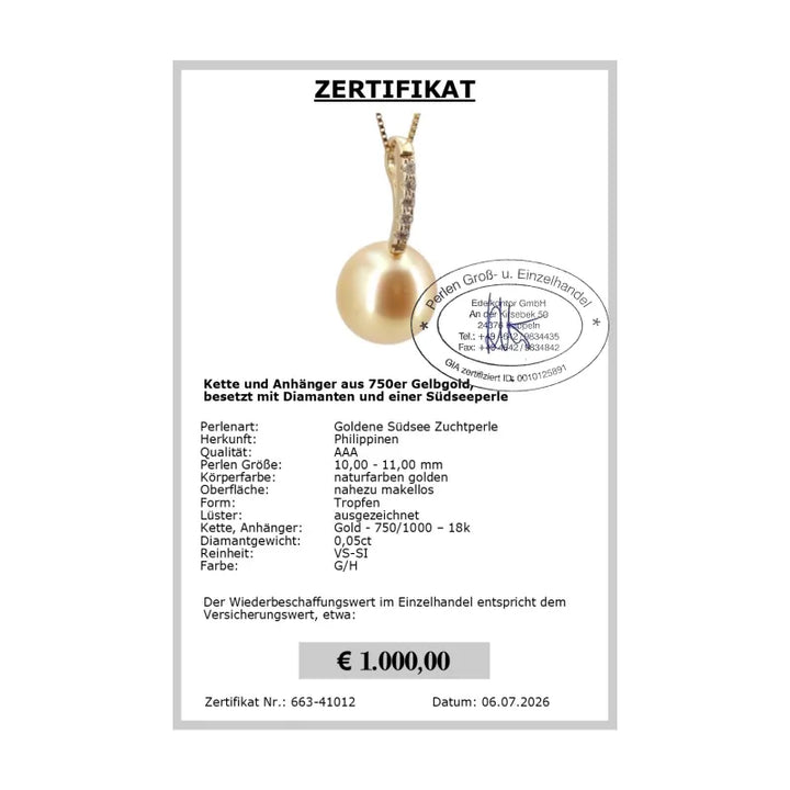Perlen Anhänger Tropfenform Zertifikat