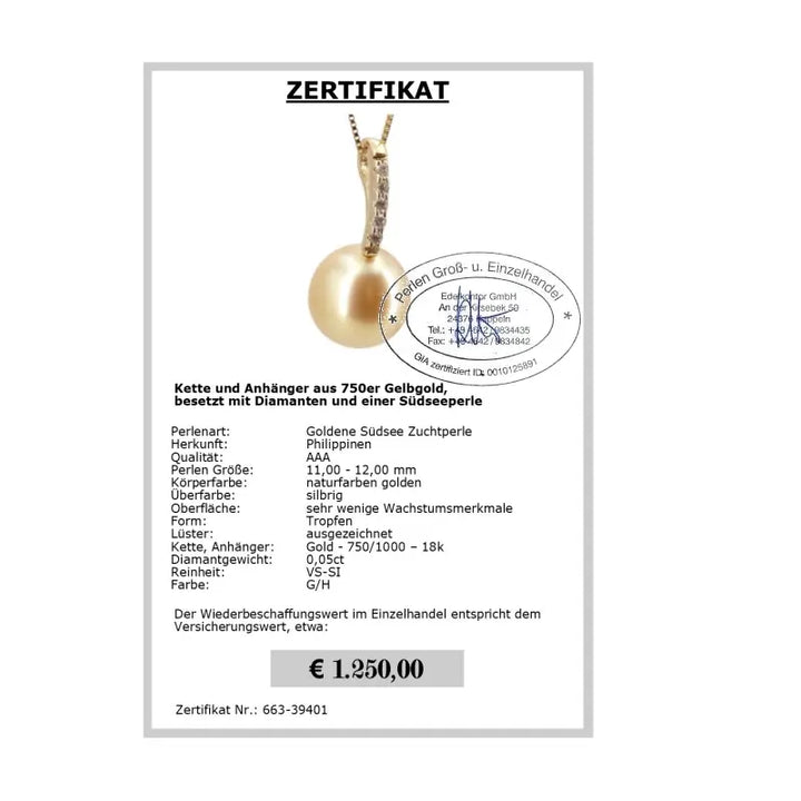 Perlen Anhänger Tropfenform Zertifikat