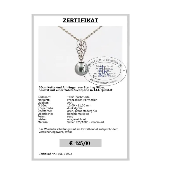 Perlenanhänger Silber Zertifikat