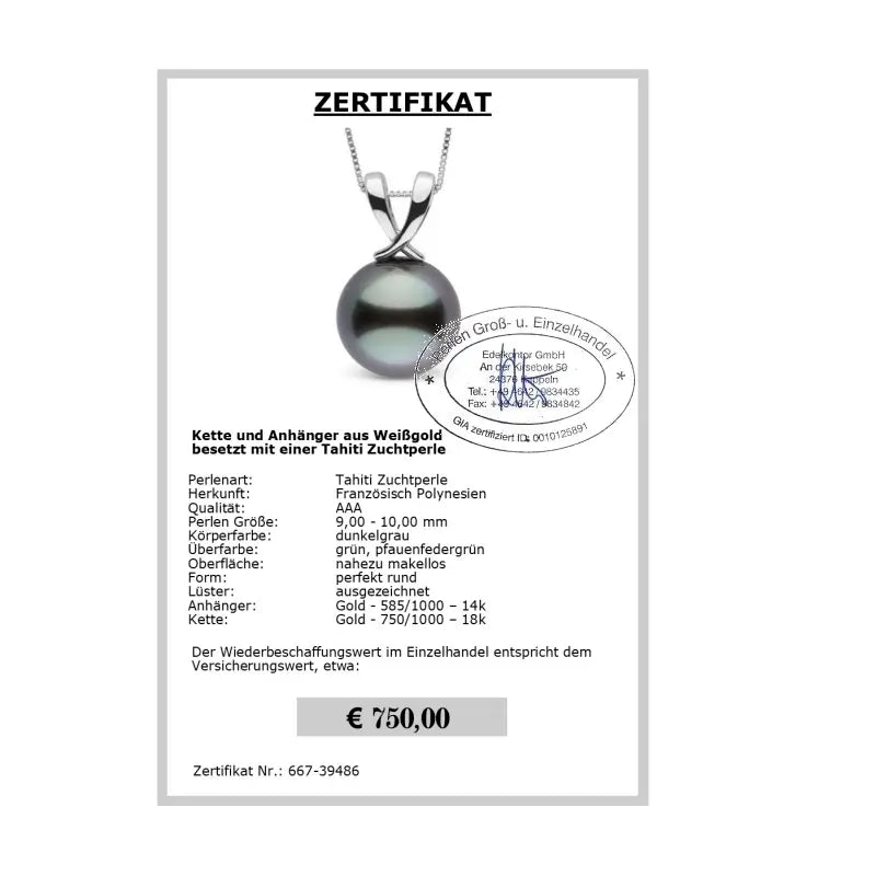 Weißgold Anhänger Tahitiperle Zertifikat