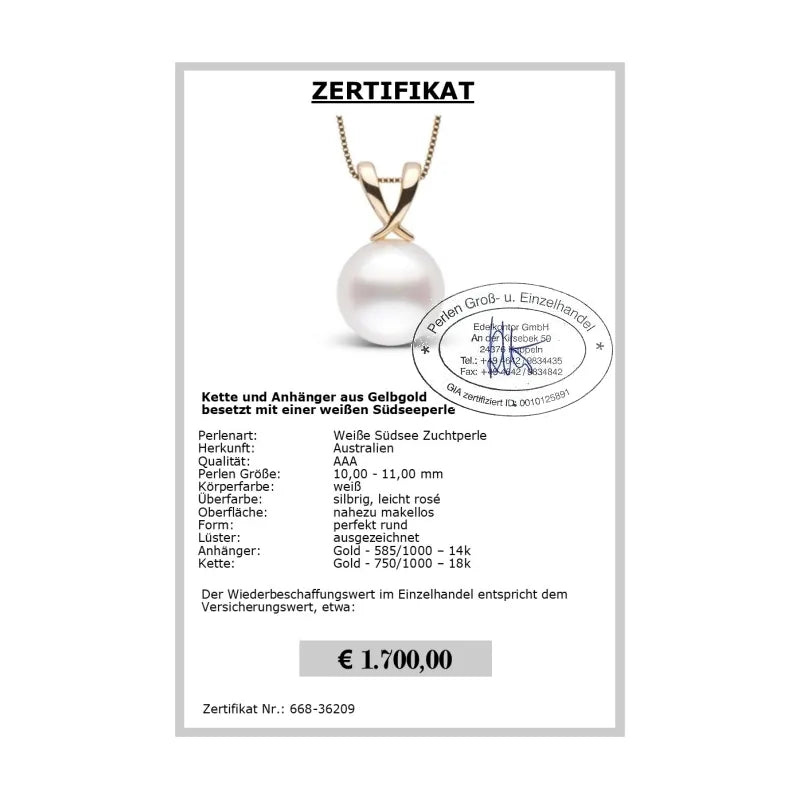 Gelbgold Anhänger mit weißer Südseeperle 10.0 - 11.0 mm
