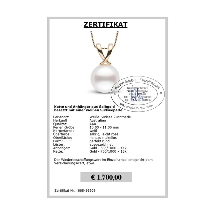 Gelbgold Anhänger mit weißer Südseeperle 10.0 - 11.0 mm