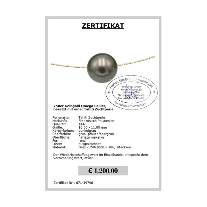 Gelbgold Omegakette mit Tahitiperle Zertifikat