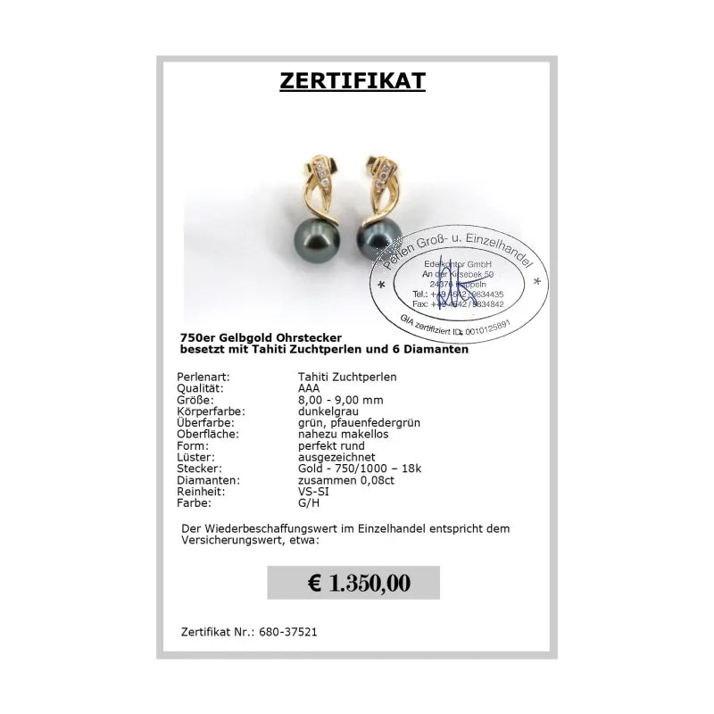 Perlen Ohrstecker mit Diamanten Zertifikat