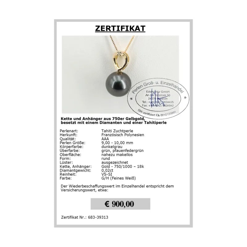 Schmuck mit Anhänger und Perle Zertifikat