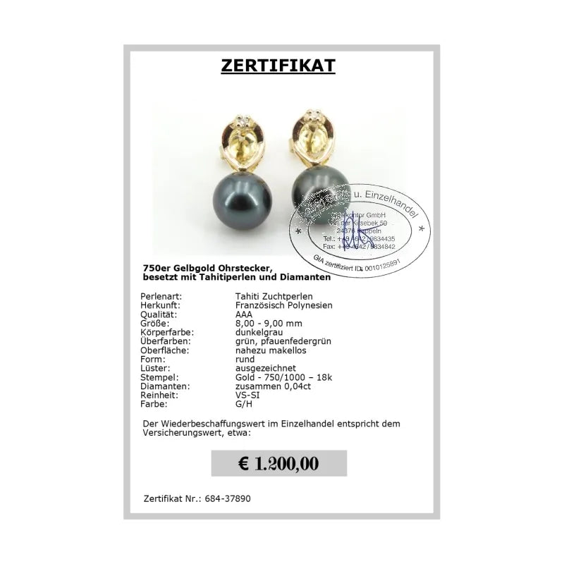 Ohrstecker mit Perlen und Diamanten Zertifikat