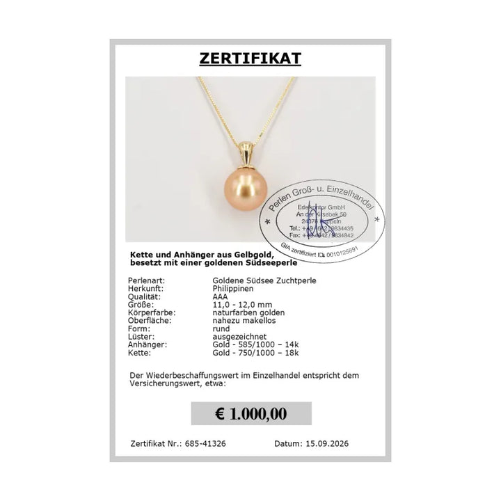 Perlen Anhänger Gold - Zertifikat