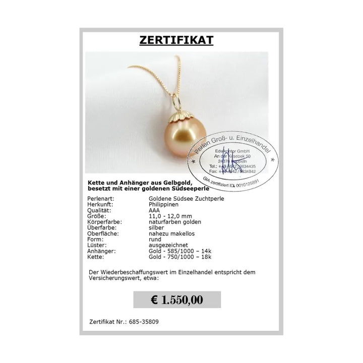 Perlen Anhänger Gold Zertifikat