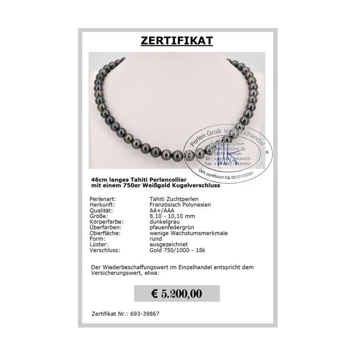 Tahitiperlen Perlencollier mit Zertifikat