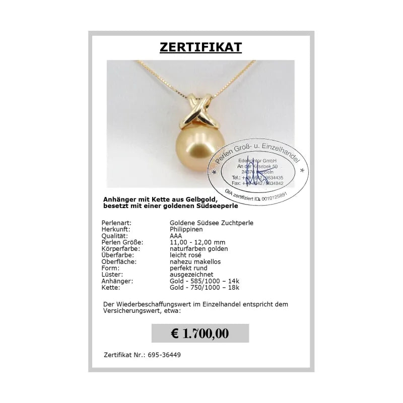 Große Südsee Perle Zertifikat